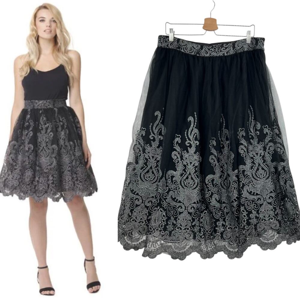 Chi Chi London Black Baroque Style Midi‎ Skirt Tulle Metallic Silver UK 18 US 14